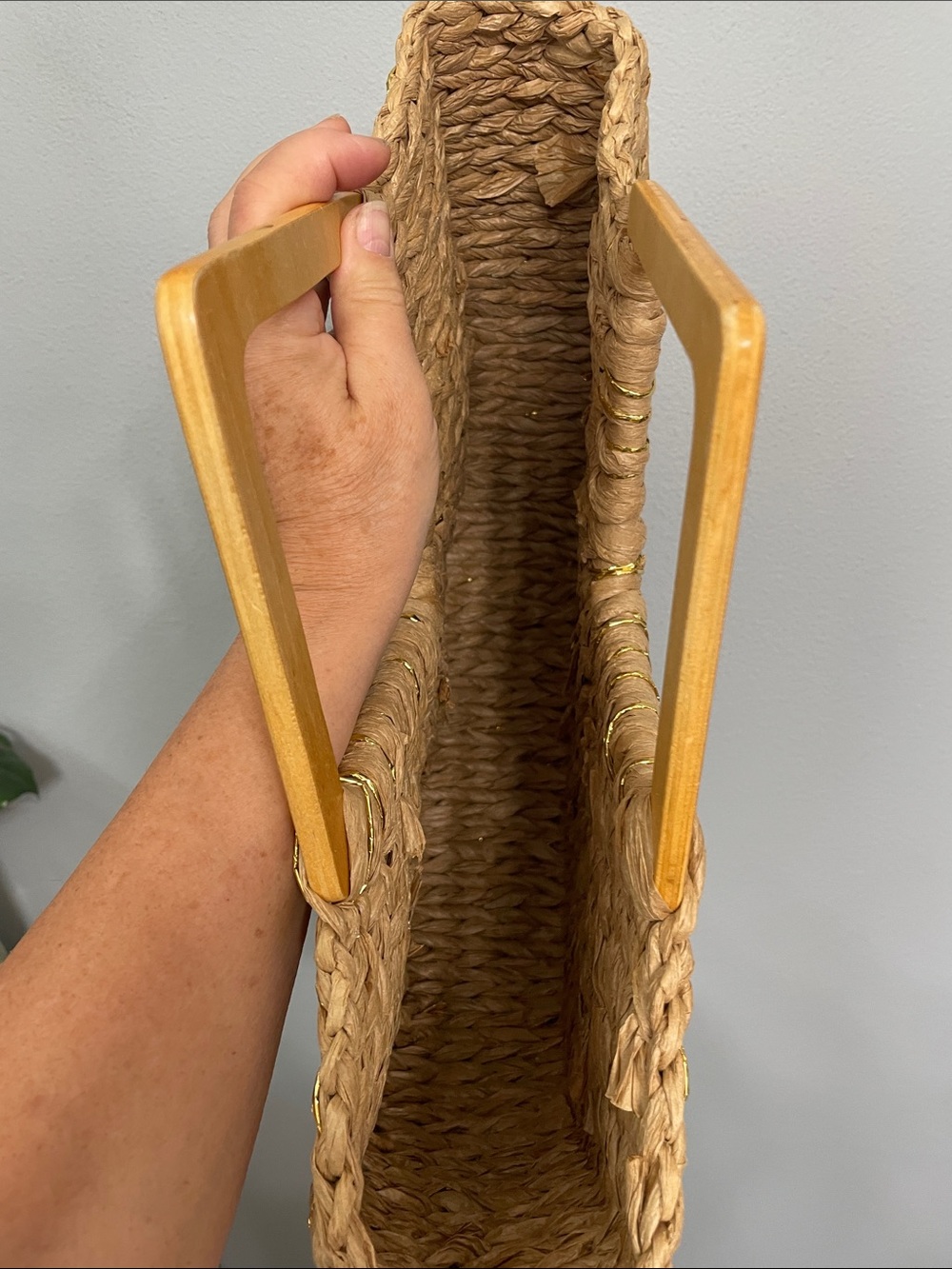 Woven Straw Half-Moon Tote with Wooden Handles and Gold Thread - Natural - Picture 3 of 7